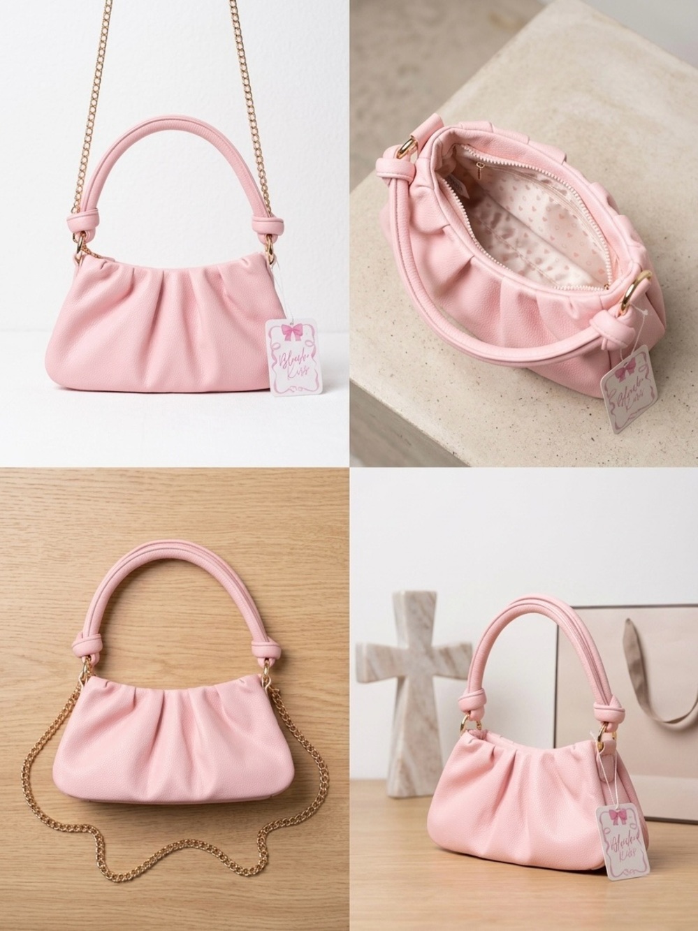 Women's Pink Ruched Mini Shoulder Bag with Gold Chain